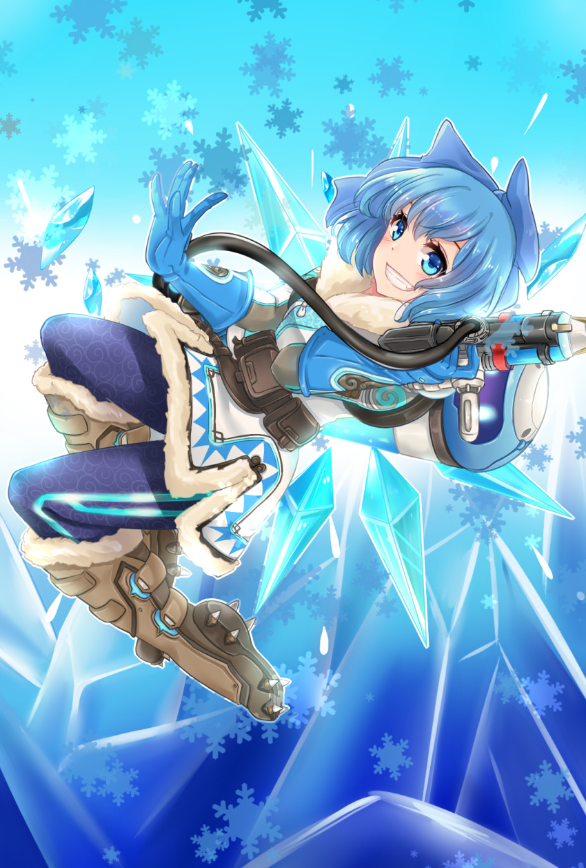 1girl :d bangs belt belt_pouch blue_bow blue_eyes blue_gloves blue_hair blue_legwear blush boots bow brown_boots canister canteen cirno coat cosplay energy_gun fang finger_on_trigger fur-lined_boots fur-lined_jacket fur_boots fur_coat fur_trim gloves grin gun hair_bow handgun hands_up harness highres holding holding_gun holding_weapon hose ice ice_wings knee_boots looking_at_viewer mei_(overwatch) mei_(overwatch)_(cosplay) midair open_mouth overwatch parka power_connection print_legwear ray_gun rouyuanzi_xiao_diudiu shoes short_hair smile snowflake_background solo spiked_shoes spikes strap touhou utility_belt weapon wings winter_clothes winter_coat
