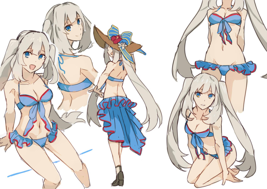 1girl :d arm_support back bikini bikini_skirt blue_bikini blue_eyes breasts character_sheet cleavage fate/grand_order fate_(series) front-tie_top grey_hair hat high_heels hsin kneeling long_hair looking_at_viewer marie_antoinette_(fate/grand_order) navel open_mouth sandals simple_background sketch smile solo swimsuit twintails white_background