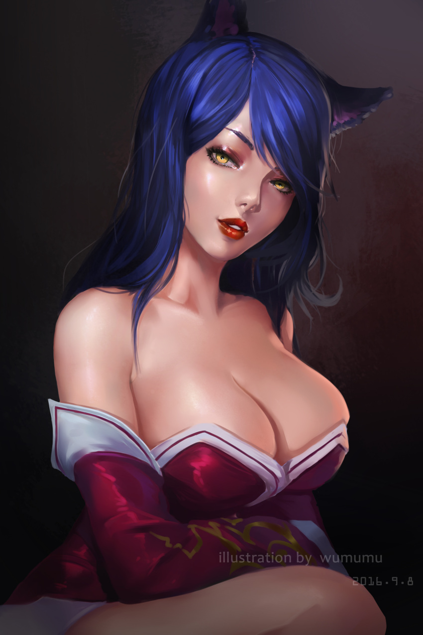 1girl 2016 absurdres ahri animal_ears artist_name bangs bare_shoulders blue_hair breasts collarbone cowboy_shot dated detached_sleeves fox_ears highres korean_clothes large_breasts league_of_legends lips lipstick long_hair looking_at_viewer makeup nose parted_lips red_lips red_lipstick solo xiamu_weiba yellow_eyes