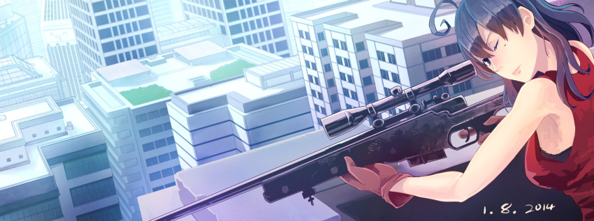 1girl ahoge bare_shoulders black_hair building city finger_on_trigger focused gloves gun highres lips one_eye_closed original rifle serious sniper_rifle solo weapon