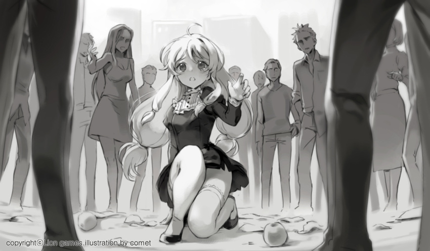 2girls 6+boys apple commentary_request faceless food fruit greyscale kneeling long_hair low_tied_hair monochrome multiple_boys multiple_girls parted_lips puffy_sleeves shogo_(shogo) soul_worker tears thigh-highs