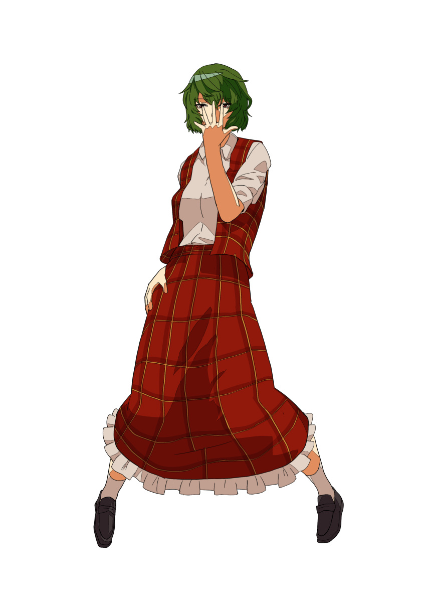1girl absurdres akira_(cookie) bangs black_footwear breasts collared_shirt commentary_request cookie_(touhou) frilled_skirt frills full_body green_hair hand_on_hip hand_over_face highres kazami_yuuka leftame loafers long_skirt long_sleeves looking_at_viewer medium_breasts plaid plaid_skirt plaid_vest red_eyes red_skirt red_vest shirt shoes short_hair short_sleeves simple_background skirt skirt_set socks solo touhou transparent_background vest white_shirt white_socks