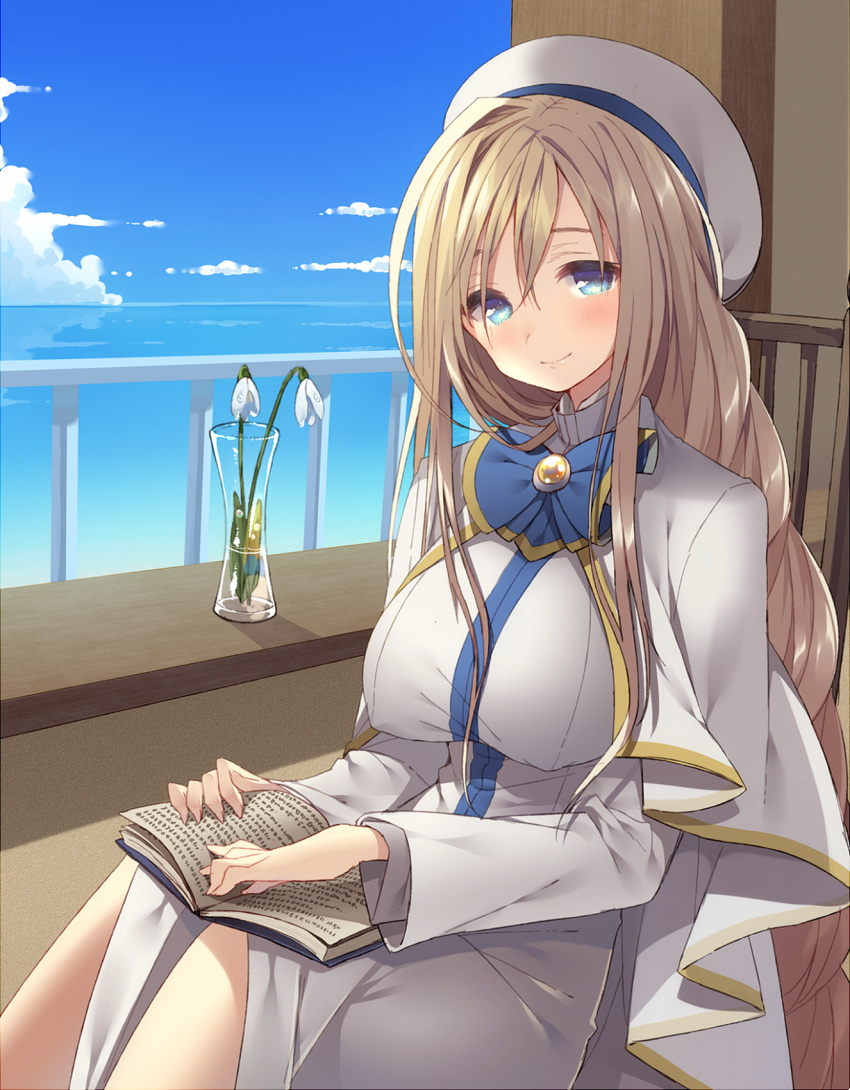 1girl alicia_florence aria balcony beret blonde_hair blue_bow blue_eyes blue_sky blush book bow bowtie capelet clouds flower glass hat highres long_hair looking_at_viewer ocean open_book sidelocks sitting sky smile snowdrop_(flower) solo uniform usamata vase very_long_hair white_hat
