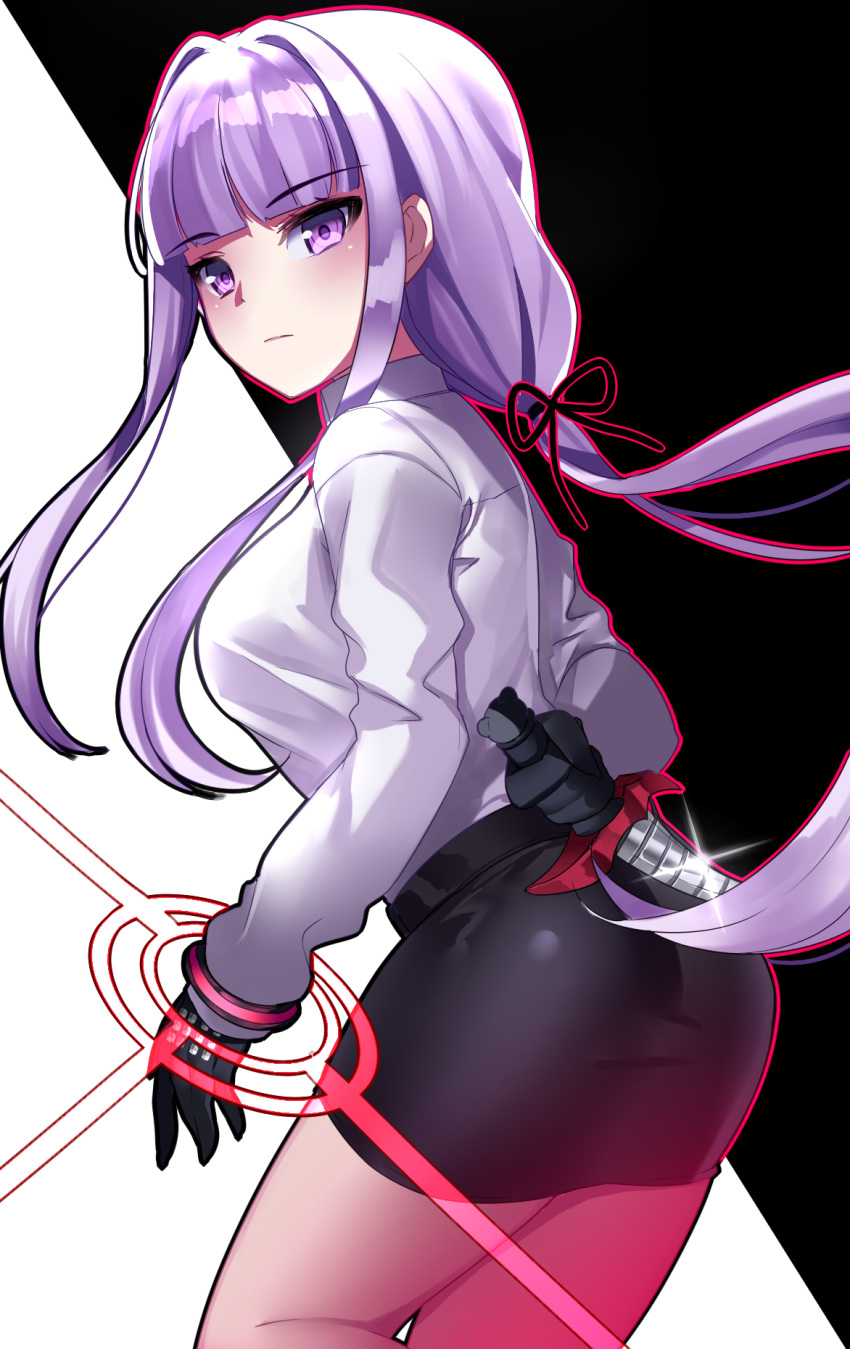 1girl arms_behind_back ass bangs black_gloves black_ribbon black_skirt blunt_bangs blush bracelet breasts closed_mouth cowboy_shot dagger dangan_ronpa dangan_ronpa_3 expressionless gendo0033 glint gloves hair_intakes hair_ribbon highres holding holding_weapon jewelry kirigiri_kyouko kneepits long_hair long_sleeves looking_at_viewer low_ponytail medium_breasts outline pencil_skirt pink_hair ribbon shirt sidelocks skirt spoilers thighs two-tone_background very_long_hair violet_eyes weapon white_shirt