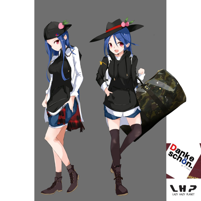 1girl ankle_boots backwards_hat bag baseball_cap black_boots black_legwear black_shoes blue_hair blue_shorts boots carrying casual contemporary dress_shirt dual_persona duffel_bag emblem_request food from_side fruit full_body grey_background hair_between_eyes hat highres hinanawi_tenshi hood hoodie long_hair looking_at_viewer open_clothes open_mouth open_shirt peach shirt shoes shorts sleeves_rolled_up smile socks standing star tetsurou_(fe+) thigh-highs touhou violet_eyes white_shirt