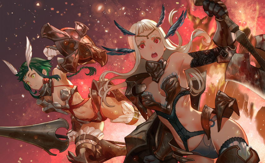 2girls armor bare_shoulders bikini_armor boots breasts elbow_gloves gloves gorget green_eyes head_wings multiple_girls navel original red_eyes salmon88 thigh-highs thigh_boots valkyrie weapon