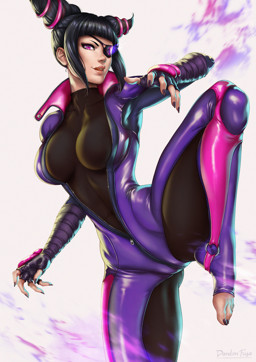 1girl absurdres bangs black_hair bodysuit breasts clothed curvy dandon_fuga drill_hair feet fighting_stance fingerless_gloves gloves glowing glowing_eye han_juri highres human large_breasts licking_lips lipstick long_hair looking_at_viewer makeup nail_polish pink_eyes purple_nails sidelocks signature solo spread_legs street_fighter street_fighter_v thick_thighs thighs tight toeless_legwear toenail_polish toes toned tongue tongue_out twin_drills