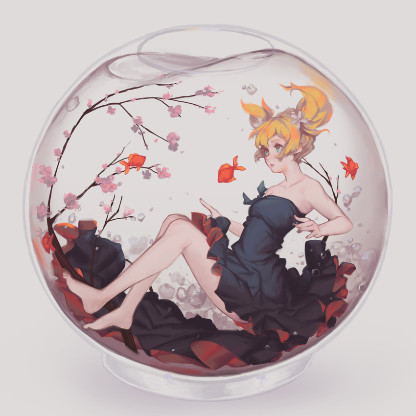 1girl air_bubble animal barefoot black_dress branch cherry_blossoms doomfest dress fish fishbowl flower from_side full_body goldfish green_eyes grey_background hair_flower hair_ornament highres in_bowl in_container sakura_trick short_hair short_twintails simple_background solo sonoda_yuu strapless strapless_dress submerged twintails underwater water white_flower