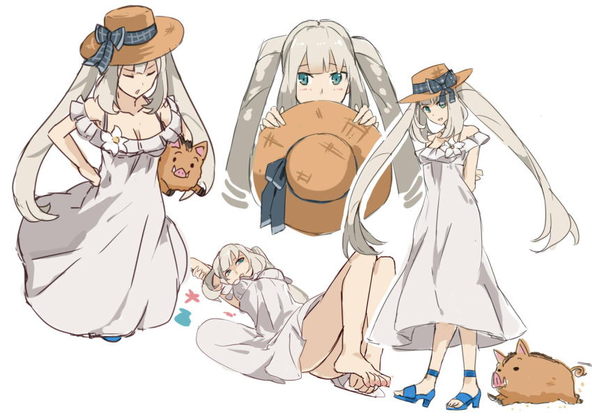 1girl ass blue_eyes character_sheet closed_eyes dress fate/grand_order fate_(series) grey_hair hat high_heels hsin knees_up long_hair looking_at_viewer lying marie_antoinette_(fate/grand_order) on_back pig sandals simple_background sleeveless sleeveless_dress smile solo twintails white_background