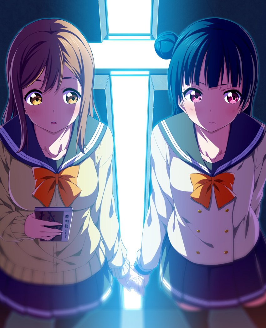 2c=galore 2girls backlighting bangs blue_hair bow bowtie brown_eyes brown_hair commentary_request double-breasted frown highres holding_hands kunikida_hanamaru long_hair long_sleeves love_live! love_live!_sunshine!! multiple_girls open_mouth pleated_skirt school_uniform serafuku side_bun skirt standing tsushima_yoshiko violet_eyes