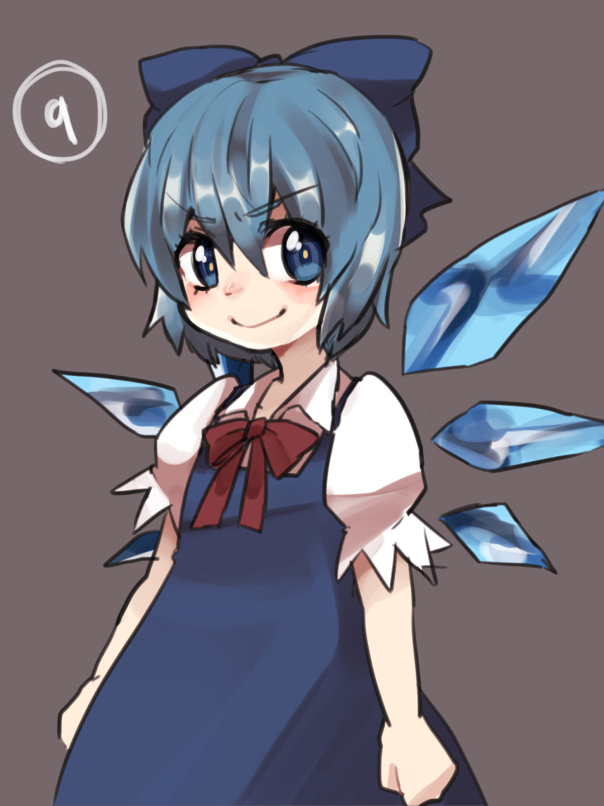 (9) 1girl artist_request blue_dress blue_eyes blue_hair bow cirno dress grey_background hair_bow highres ice ice_wings looking_at_viewer puffy_short_sleeves puffy_sleeves short_hair short_sleeves simple_background smile solo touhou wings