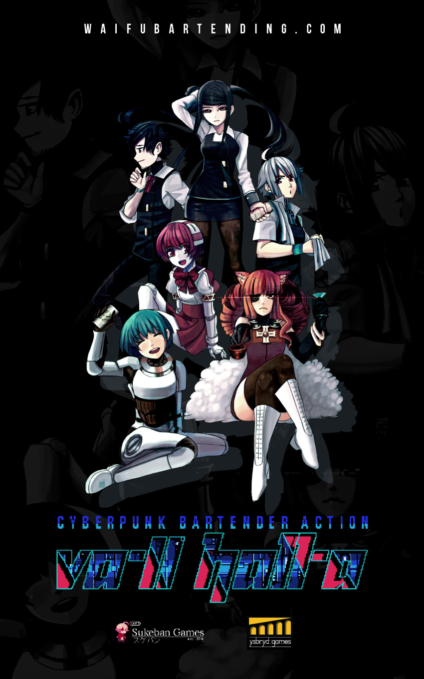 1boy 5girls absurdres animal_ears antenna_hair armor beer_can black_hair blue_hair boots bow cat_ears closed_eyes cocktail_glass cup cybernetic_eye cyberpunk dana_zane dorothy_(va-11_hall-a) drill_hair drinking_glass facial_hair gillian_(va-11_hall-a) gloves highres jewelry julianne_stingray looking_at_viewer multiple_girls necklace necktie official_art pantyhose pink_eyes pink_hair pipe puffy_sleeves red_eyes redhead robot sei_(va-11_hall-a) short_hair sidelocks skirt stella_hoshii thigh-highs twintails va-11_hall-a vest watermark web_address white_hair wristband