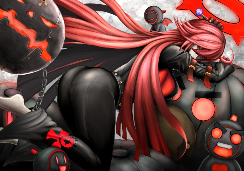 1girl ahoge all_fours alternate_color ass ball_and_chain_restraint barefoot bodysuit breasts creature guilty_gear guilty_gear_xrd hair_between_eyes halo jack-o_(guilty_gear) long_hair looking_at_viewer pantylines pink_eyes pink_hair scagyoniku skin_tight solo very_long_hair