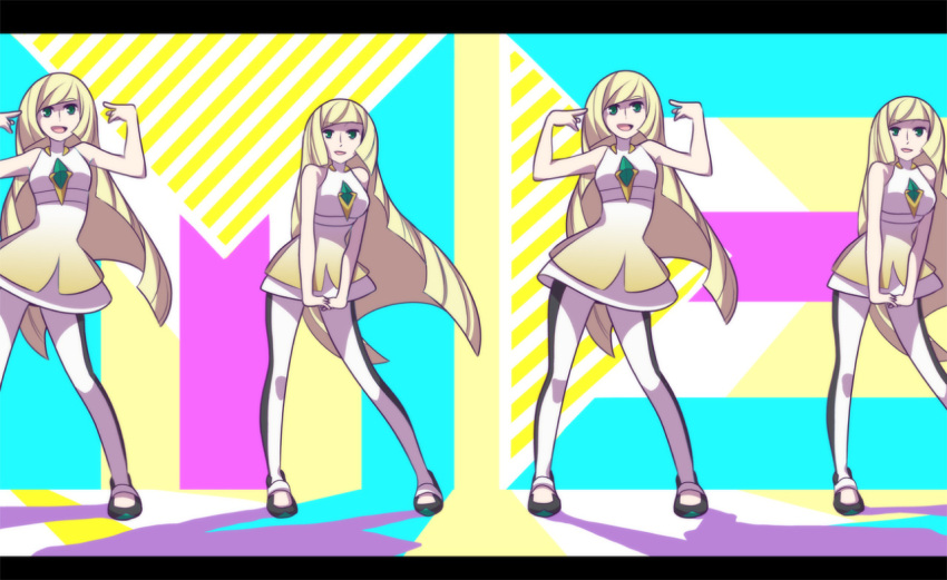 1girl bangs bare_arms bare_shoulders black_legwear blonde_hair crystal dancing dress green_eyes high_heels leggings letterboxed long_hair lusamine_(pokemon) mary_cagle me!me!me! multicolored_dress open_mouth parody pointing pointing_at_self pokemon pokemon_(game) pokemon_sm short_dress sleeveless sleeveless_dress smile solo very_long_hair white_legwear