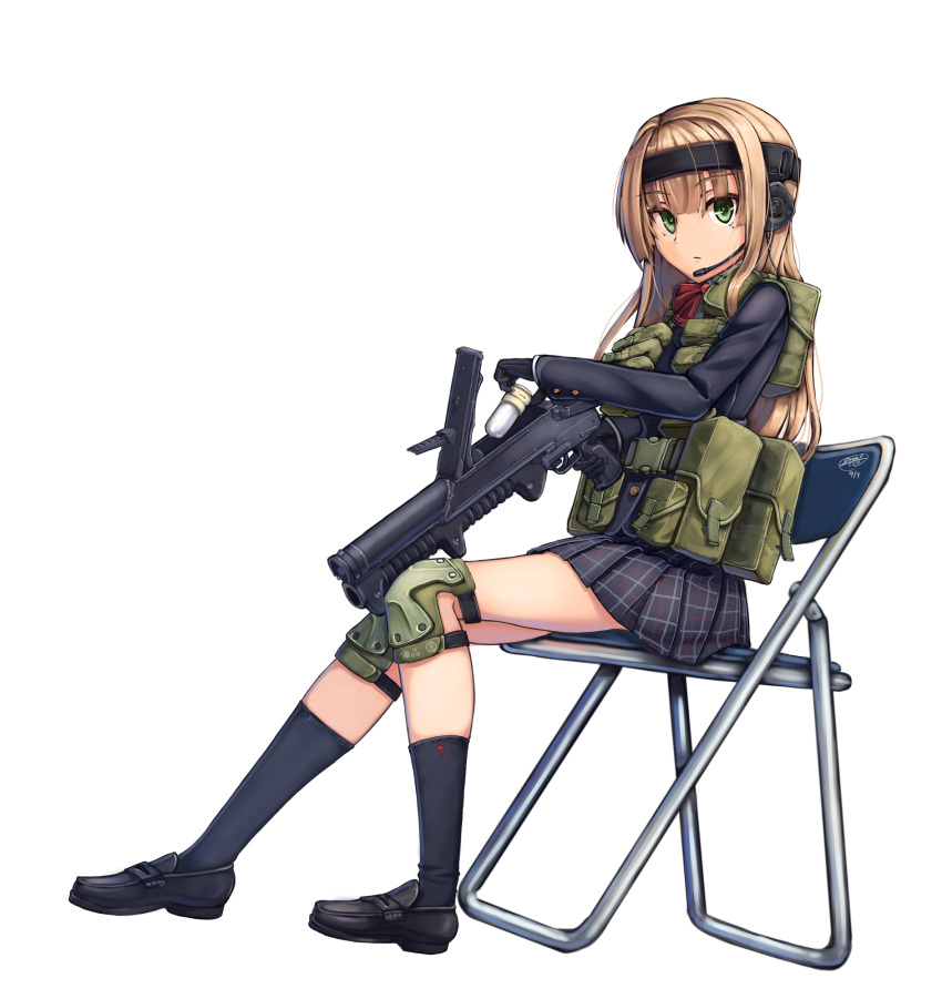 1girl blonde_hair chair dreadtie gloves gm-94 green_eyes grenade_launcher headset highres knee_pads long_hair looking_at_viewer miniskirt original pleated_skirt simple_background skirt vest white_background