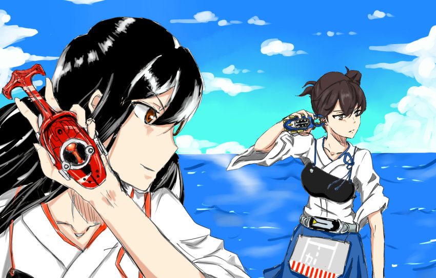2girls akagi_(kantai_collection) artist_request black_hair brown_eyes brown_hair clouds cloudy_sky commentary crossover female gatack_zecter hakama henshin_pose japanese_clothes kabuto_zecter kaga_(kantai_collection) kamen_rider kamen_rider_gatack kamen_rider_kabuto kamen_rider_kabuto_(series) kantai_collection long_hair multiple_girls muneate ocean parody red_eyes rider_belt short_sidetail sky smile