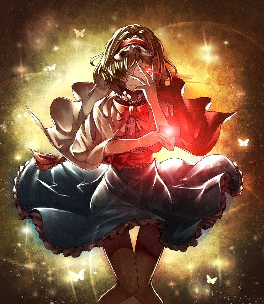 1girl alice_margatroid blonde_hair blue_dress bow bowtie butterfly capelet card commentary_request cowboy_shot dress frills glowing glowing_eyes hair_over_one_eye hairband hand_over_face highres knees_together lolita_hairband looking_at_viewer pantyhose red_bow red_bowtie red_eyes sakuramochi_(aozomesakura) short_hair smile solo spell_card touhou