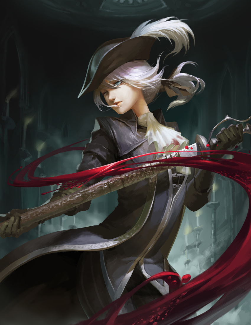 1girl absurdres ascot black_gloves blonde_hair blood bloodborne blue_eyes candle gloves hat hat_feather highres huang_jing indoors lady_maria_of_the_astral_clocktower long_hair one_eye_closed ponytail rakuyo_(bloodborne) sheath sheathed smile solo standing sword the_old_hunters tricorne weapon white_hair