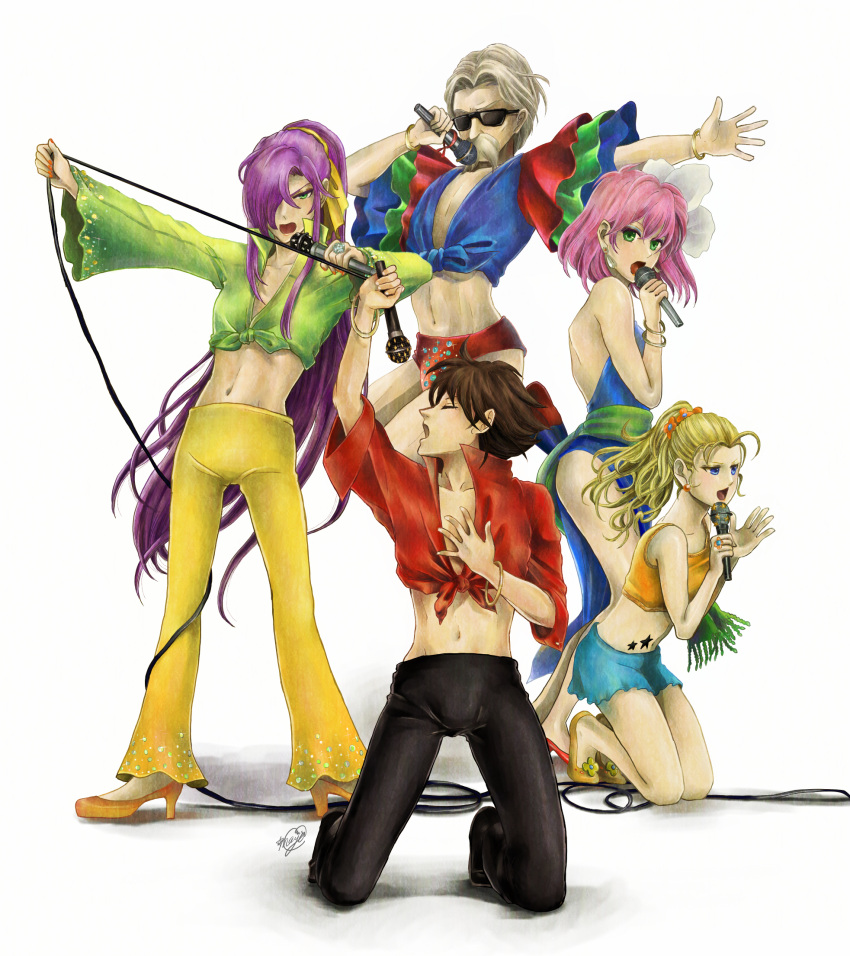 2boys 3girls alternate_costume back bare_back blue_eyes bracelet brown_hair butz_klauser closed_eyes crop_top dancer dress earrings eyeshadow facial_hair faris_scherwiz final_fantasy final_fantasy_v flower front-tie_top galuf_halm_baldesion green_eyes hair_flower hair_ornament hair_over_one_eye hand_on_own_chest high_heels highres jewelry kneeling krile_mayer_baldesion lenna_charlotte_tycoon long_hair makeup microphone midriff multiple_boys multiple_girls music mustache nail_polish navel niboshi514 old_man open_mouth outstretched_arm pink_hair ponytail popped_collar purple_hair ring sash signature simple_background singing skirt tank_top tattoo very_long_hair white_background white_hair wireless