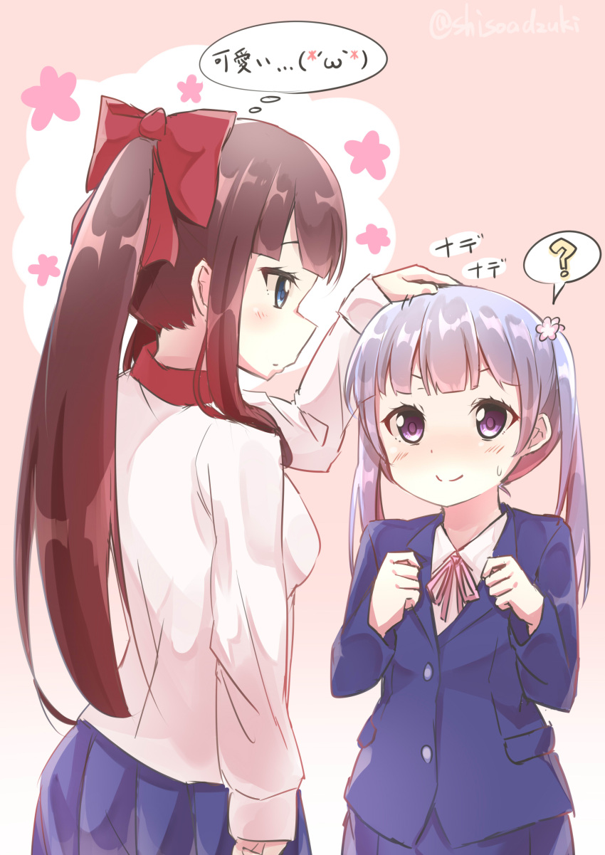2girls :3 ? absurdres blue_eyes brown_hair hair_ornament hair_ribbon hand_on_another's_head highres long_hair multiple_girls new_game! petting ponytail purple_hair ribbon shiso_azuki spoken_question_mark suzukaze_aoba sweatdrop takimoto_hifumi translated twintails twitter_username violet_eyes