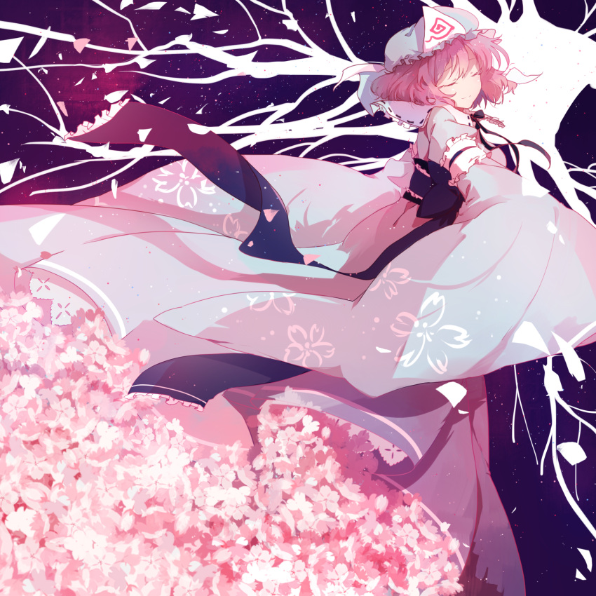 1girl arm_garter artist_request black_ribbon cherry_blossoms closed_mouth cowboy_shot eyebrows eyebrows_visible_through_hair floral_print frilled_shirt_collar frills hat highres japanese_clothes kimono long_sleeves mob_cap obi petals petticoat pink_hair ribbon ribbon-trimmed_collar ribbon_trim saigyouji_yuyuko sash short_hair skirt sleeves_past_wrists solo source_request touhou triangular_headpiece wide_sleeves