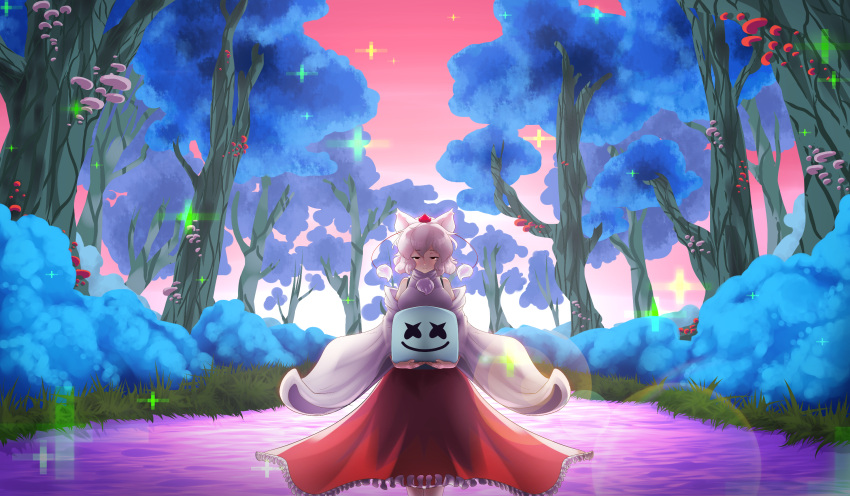 1girl animal_ears bare_shoulders breasts detached_sleeves forest frilled_skirt frills hat highres holding inubashiri_momiji large_breasts light_smile long_skirt long_sleeves looking_at_viewer looking_down mushroom nature pink_sky plant pom_pom_(clothes) pond red_eyes red_hat red_skirt shore short_hair silver_hair skirt sky solo sparkle tochinoko tokin_hat touhou tree water wide_sleeves wolf_ears