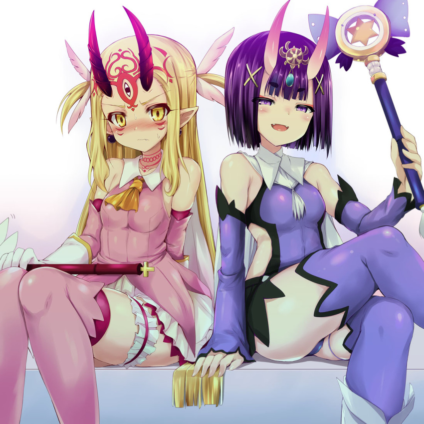 2girls blonde_hair blue_dress blue_legwear blush boots commentary_request cosplay crossed_legs detached_sleeves dress elbow_gloves facial_mark fang fang_out fangs fate/grand_order fate/kaleid_liner_prisma_illya fate_(series) feathers garters gloves hair_feathers hair_ornament holding holding_wand horns ibaraki_douji_(fate/grand_order) illyasviel_von_einzbern illyasviel_von_einzbern_(cosplay) jewelry kaleidostick long_hair looking_at_viewer magical_girl magical_ruby magical_sapphire miyu_edelfelt miyu_edelfelt_(cosplay) multiple_girls oni oni_horns open_mouth pink_boots pink_dress pink_legwear pointy_ears prisma_illya prisma_illya_(cosplay) purple_hair sen_(astronomy) short_hair shuten_douji_(fate/grand_order) sitting sleeveless sleeveless_dress smile tattoo thigh-highs twintails violet_eyes wand yellow_eyes