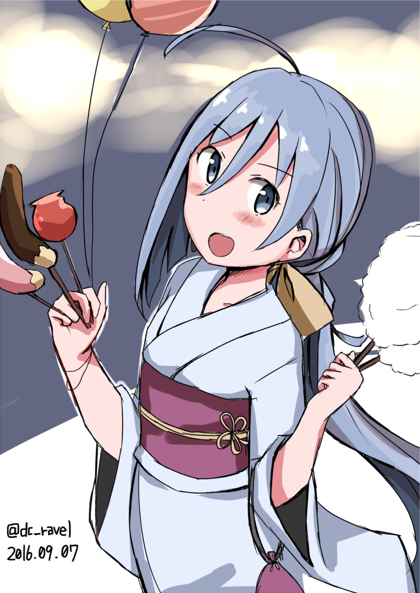 1girl ahoge alternate_costume balloon between_fingers blush bow candy_apple chocolate_banana commentary_request cotton_candy dated eyebrows eyebrows_visible_through_hair festival food grey_eyes grey_hair hair_between_eyes hair_bow highres holding holding_food japanese_clothes kantai_collection kimono kinchaku kiyoshimo_(kantai_collection) long_hair looking_at_viewer low_twintails obi open_mouth riz_(ravel_dc) sash simple_background twintails twitter_username very_long_hair wide_sleeves yukata