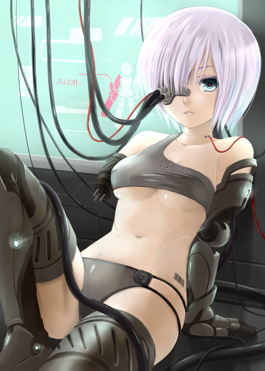 1girl amputee aqua_eyes barcode breasts cybernetic_eye cyborg french_maid highres looking_at_viewer mechanical_arm navel original prosthesis prosthetic_arm short_hair silver_hair solo under_boob wire
