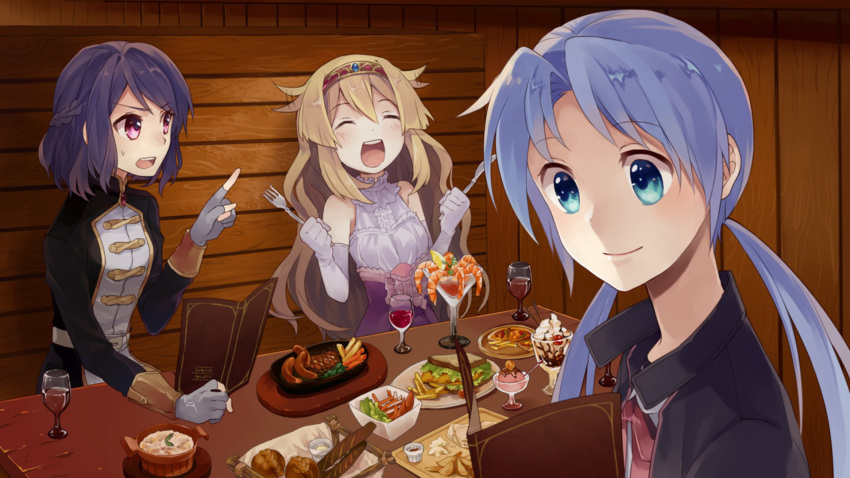 3girls :d ^_^ blonde_hair blue_eyes blue_hair blush braid bread cherry chocolate_syrup closed_eyes closed_mouth cocktail_glass cup drinking_glass elbow_gloves eyebrows eyebrows_visible_through_hair fault fault_milestone_one food french_fries fruit game_cg gloves grey hair_flaps hairband hamburger_steak highres holding holding_fork holding_knife ice_cream index_finger_raised knife konatsu_hare lettuce long_hair looking_at_another low_twintails menu motion_lines multiple_girls neck_ribbon official_art open_mouth parfait partly_fingerless_gloves pink_eyes pizza plate purple_hair red_ribbon ribbon ritona_reighnvhasta rune_(fault) sandwich sausage selphine_rughzenhaide shrimp sitting smile sweatdrop table twintails very_long_hair whipped_cream white_gloves wine_glass wooden_wall