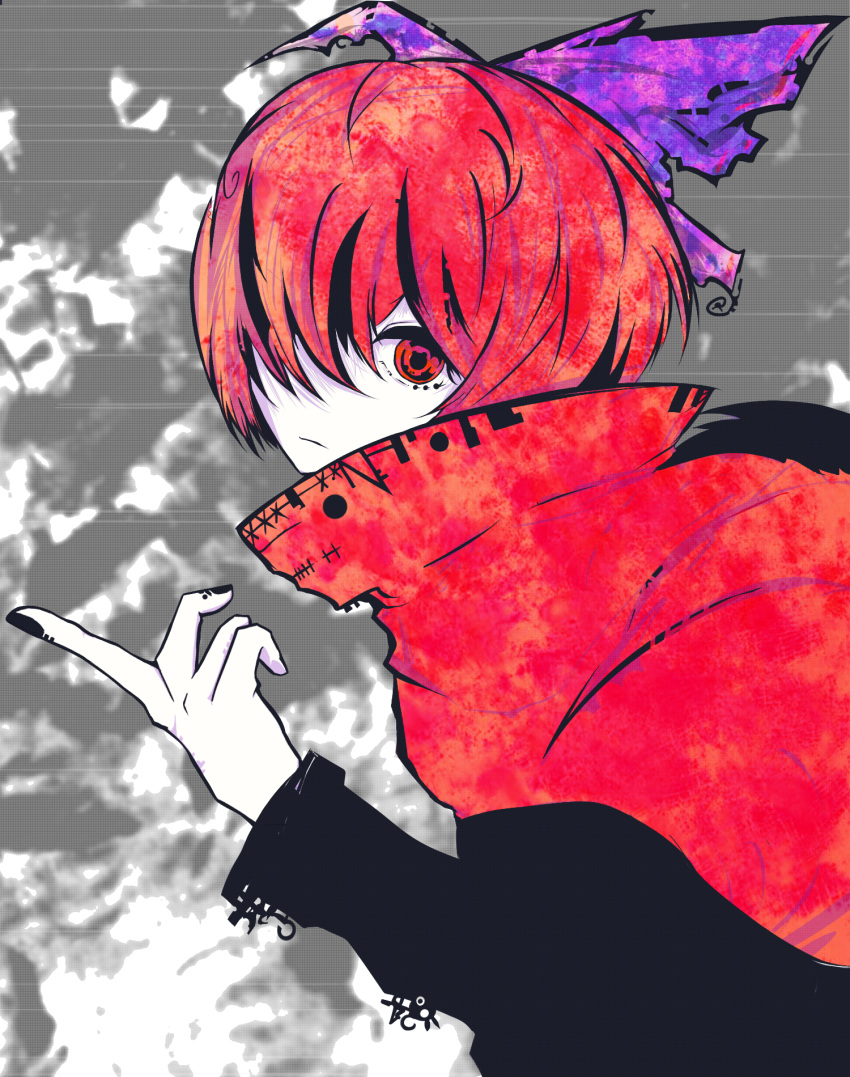 1girl abstract_background black_nails black_shirt blending bob_cut bow cloak commentary_request fog grey_background hair_bow hair_over_one_eye high_collar highres looking_at_viewer nail_polish pale_skin pointing purple_bow red_eyes redhead sekibanki shirt solo stitched tabazi touhou