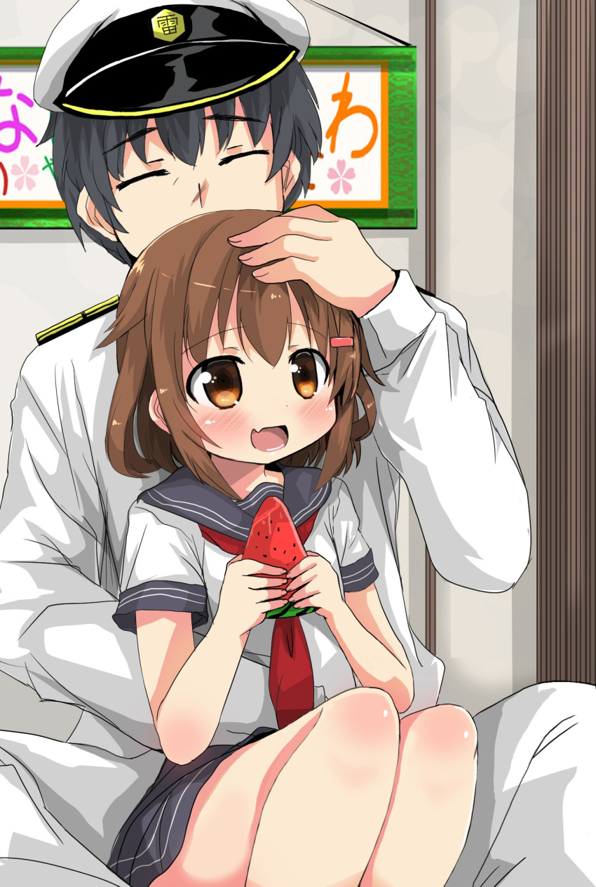 1boy 1girl admiral_(kantai_collection) arm_around_waist black_hair blush brown_eyes brown_hair closed_eyes commentary_request fang food fruit hair_ornament hairclip hand_on_another's_head hat highres holding holding_fruit ikazuchi_(kantai_collection) indoors kantai_collection military military_uniform naval_uniform neckerchief open_mouth oshiruko_(uminekotei) peaked_cap school_uniform serafuku short_hair short_sleeves sitting sitting_on_lap sitting_on_person skirt smile uniform watermelon