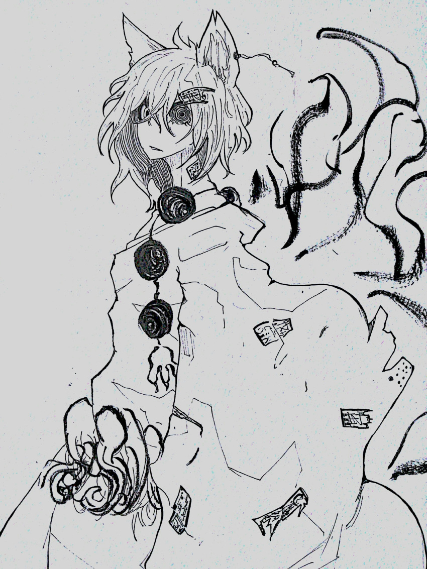 absurdres al_bhed_eyes animal_ears calligraphy_brush_(medium) claws commentary_request creepy earrings fox_ears fox_girl fox_tail highres jewelry long_hair looking_at_viewer messy_hair monochrome multiple_tails ofuda ofuda_on_clothes original paw_ornament pen_(medium) robe sketch tabazi tail translation_request white_background