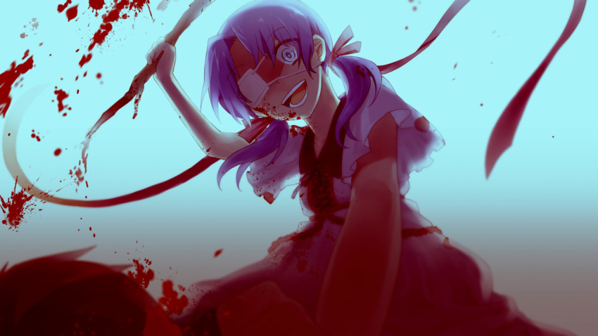 1girl :d blood blood_on_face blood_splatter bloody_clothes blue_background blue_eyes collarbone dress eyebrows eyebrows_visible_through_hair eyepatch fault from_below game_cg hair_ribbon highres holding konatsu_hare low_twintails medical_eyepatch official_art open_mouth pink_ribbon ribbon rune_(fault) shaded_face sitting sitting_on_person smile spoilers stick twintails white_dress