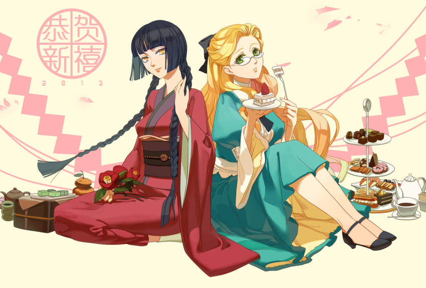 2013 2girls black_hair blonde_hair bow braid buming cake cookie cup dated dress food fork green_eyes hair_bow hime_cut japanese_clothes kimono multiple_girls tea teacup twin_braids yellow_eyes zone-00