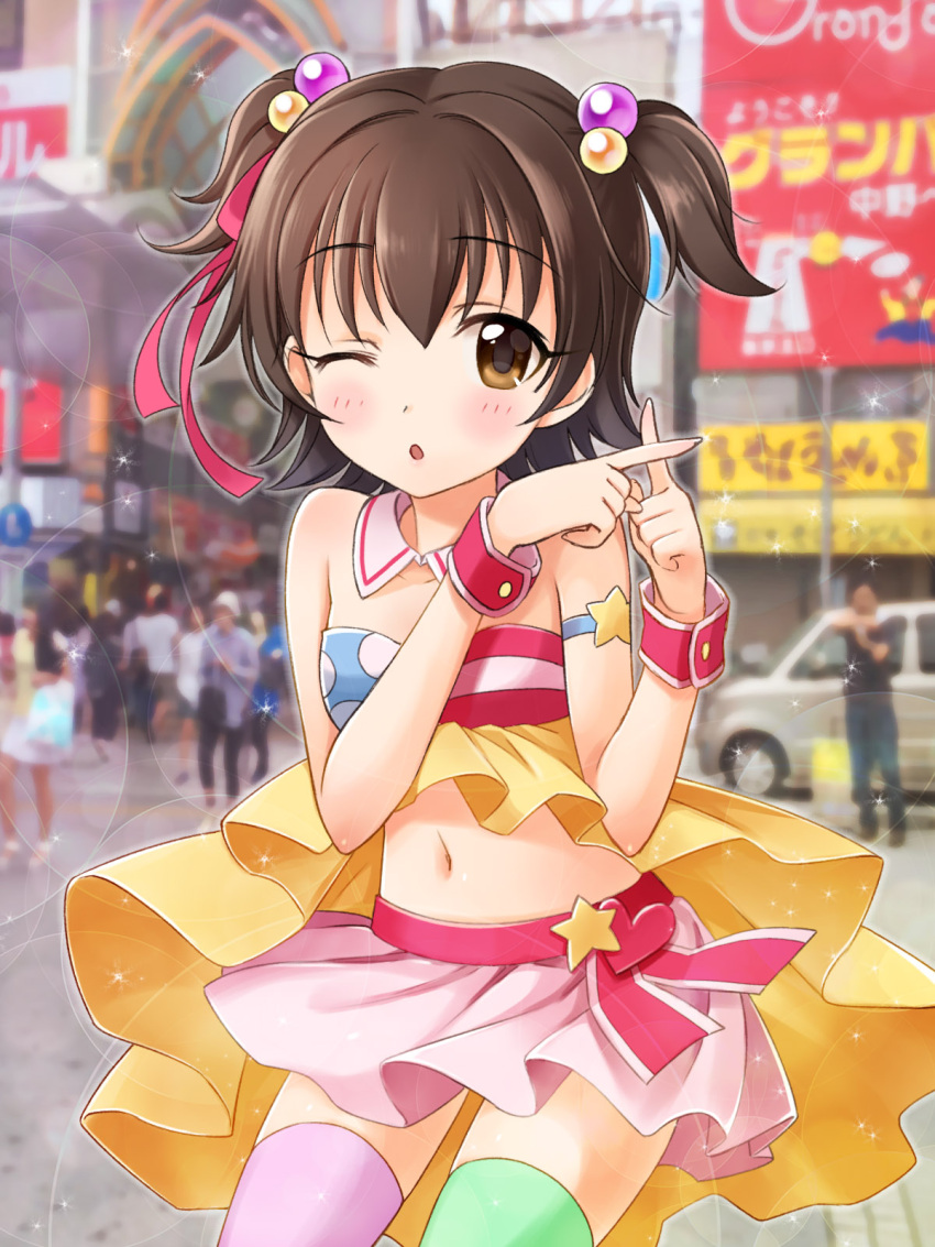 1girl akagi_miria armband bare_shoulders brown_eyes brown_hair crossed_fingers french_maid hair_bobbles hair_ornament hair_ribbon heart highres idolmaster idolmaster_cinderella_girls looking_at_viewer midriff navel one_eye_closed open_mouth photo_background pikapikapop ribbon short_hair solo star thigh-highs two_side_up wrist_cuffs