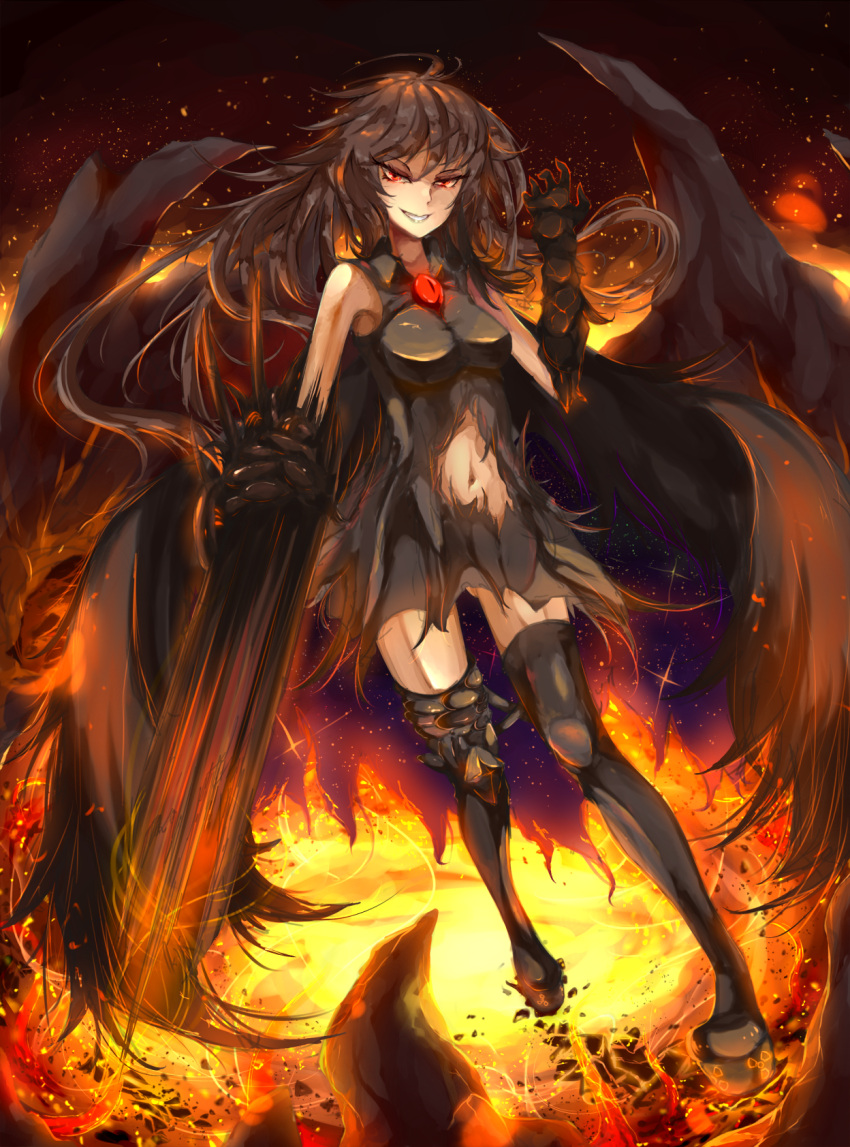 1girl alternate_costume arm_cannon black_hair black_wings blizzomos boots breasts cape dress evil_grin evil_smile fire grin highres long_hair medium_breasts mismatched_footwear navel radiation_symbol red_eyes reiuji_utsuho smile solo thigh-highs thigh_boots third_eye torn_clothes touhou very_long_hair weapon wings