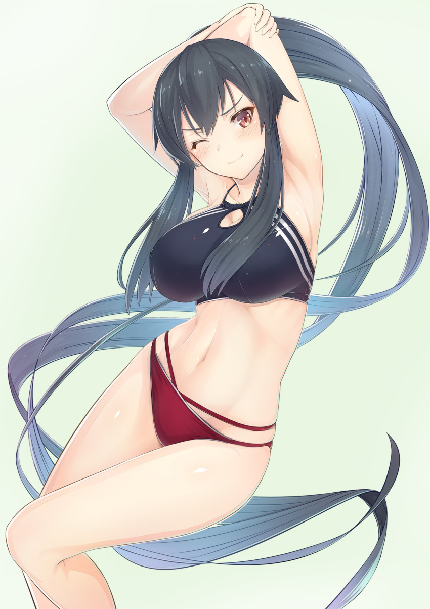 1girl armpits arms_up bikini black_hair blush breasts cleavage cleavage_cutout gradient_hair highres kantai_collection large_breasts long_hair multicolored_hair navel one_eye_closed ponytail red_eyes simple_background smile solo swimsuit urigarasu very_long_hair yahagi_(kantai_collection)
