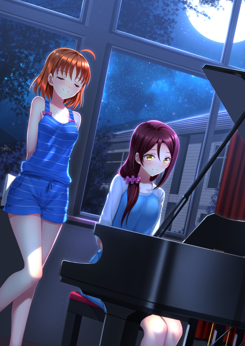 2girls blush closed_eyes hair_ornament hair_scrunchie highres instrument long_hair love_live! love_live!_sunshine!! moon multiple_girls music night orange_hair piano playing_instrument playing_piano sakurauchi_riko scrunchie short_hair shorts sitting smile star swordsouls takami_chika tree yellow_eyes