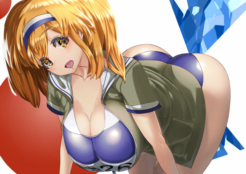 1girl all_fours ass back blonde_hair blush breasts clothes_writing eruerumaccho hairband hanging_breasts i-26_(kantai_collection) kantai_collection large_breasts long_hair looking_at_viewer name_tag new_school_swimsuit open_clothes open_mouth sailor_collar school_swimsuit short_sleeves smile solo swimsuit swimsuit_under_clothes two_side_up yellow_eyes