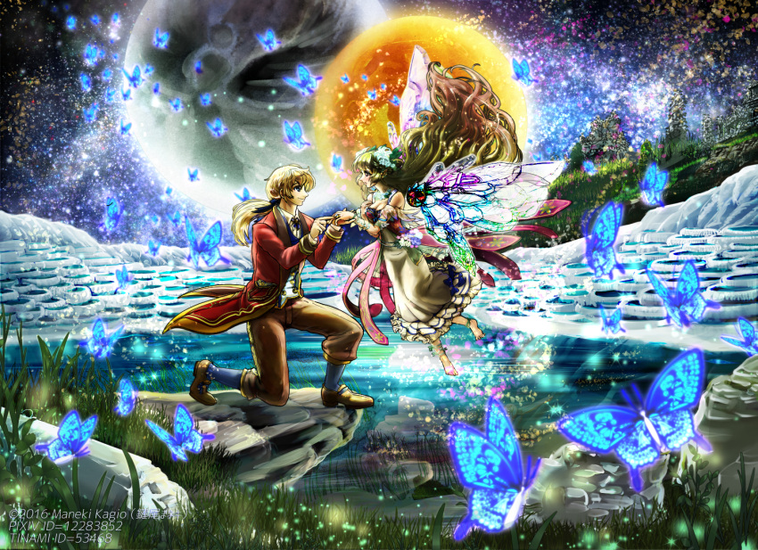 1boy 1girl ankle_ribbon anklet artist_name barefoot blonde_hair blue_eyes blue_legwear breasts butterfly cleavage dress fairy fairy_wings fireflies flower flying full_moon gradient_hair grass hair_flower hair_ornament ice jacket jewelry kagio_maneki kneeling knickers light_particles long_hair moon mountain multicolored_hair open_clothes open_jacket original pants ponytail profile proposal reflection ribbon ring rock shoes short_hair sky smile star_(sky) starry_sky very_long_hair waistcoat water white_dress wind wings