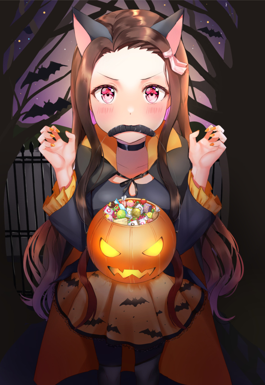 1girl alternate_costume animal animal_ears bangs bare_tree bat black_legwear black_shirt blush brown_hair closed_mouth commentary_request fence fingernails flower forehead glowing hair_ribbon halloween_basket hands_up highres kamado_nezuko kemonomimi_mode kimetsu_no_yaiba kubong long_hair long_sleeves looking_at_viewer mouth_hold nail_polish orange_nails orange_skirt pantyhose parted_bangs pink_eyes pink_flower pleated_skirt ribbon shirt skirt solo tree v-shaped_eyebrows very_long_hair wide_sleeves