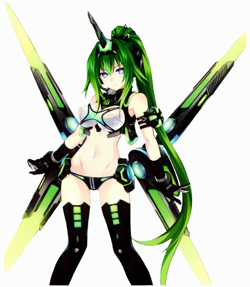 1girl bare_shoulders blue_eyes breasts crop_top elbow_gloves gloves green_hair green_heart headgear highres horn large_breasts long_hair looking_at_viewer navel neptune_(series) next_green ponytail power_symbol simple_background solo symbol-shaped_pupils thigh-highs tsunako vert white_background