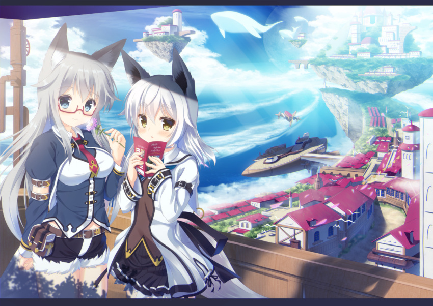 2girls :o airship animal_ears architecture belt belt_pouch bird blue_eyes blue_sky booklet breasts building cityscape clouds detached_sleeves eyebrows eyebrows_visible_through_hair floating_island flower fox_ears fox_tail fur_trim glasses grey_hair holding holding_flower jacket long_hair long_sleeves looking_at_viewer medium_breasts misaki_yuu_(dstyle) multiple_girls necktie original parted_lips petals pipes plaid plaid_skirt pouch red-framed_eyewear shadow shorts skirt sky smile standing tail whale white_hair wing_collar yellow_eyes