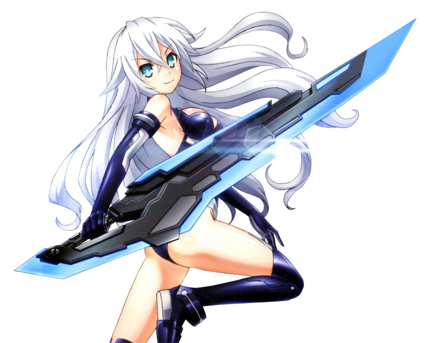 1girl aqua_eyes ass bangs bare_shoulders black_gloves black_heart black_legwear black_leotard bracer breasts choujigen_game_neptune elbow_gloves gloves hair_between_eyes highres holding holding_weapon leotard long_hair looking_at_viewer looking_back neptune_(series) noire power_symbol sideboob simple_background skin_tight smile sword symbol-shaped_pupils thigh-highs tsunako weapon white_background white_hair