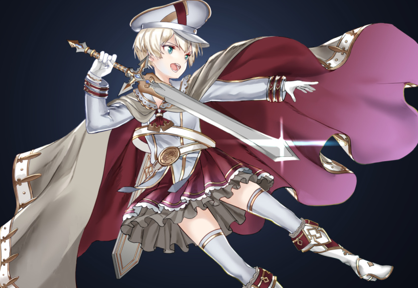 1girl alternate_costume belt belt_buckle black_background blonde_hair boots buckle cape flat_cap frilled_skirt frills gradient gradient_background green_eyes hands_up hat high_heel_boots high_heels holding holding_sword holding_weapon kantai_collection long_sleeves looking_away neckerchief open_mouth ornate_clothing peaked_cap ruisento sailor_collar skirt solo sword thigh-highs weapon white_legwear z1_leberecht_maass_(kantai_collection) zettai_ryouiki
