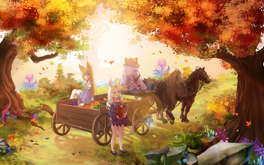 1boy 2girls animal_ears artist_name autumn autumn_leaves blonde_hair blue_eyes boots cart detached_sleeves dog_ears dress elin_(tera) flower food forest fruit furry gloves glowing highres horse jacket leaf long_hair looking_back mary_janes multiple_girls mushroom nature outdoors popori pumpkin rabbit_ears rock shoes signature silver_hair sitting smile tail tera_online tree