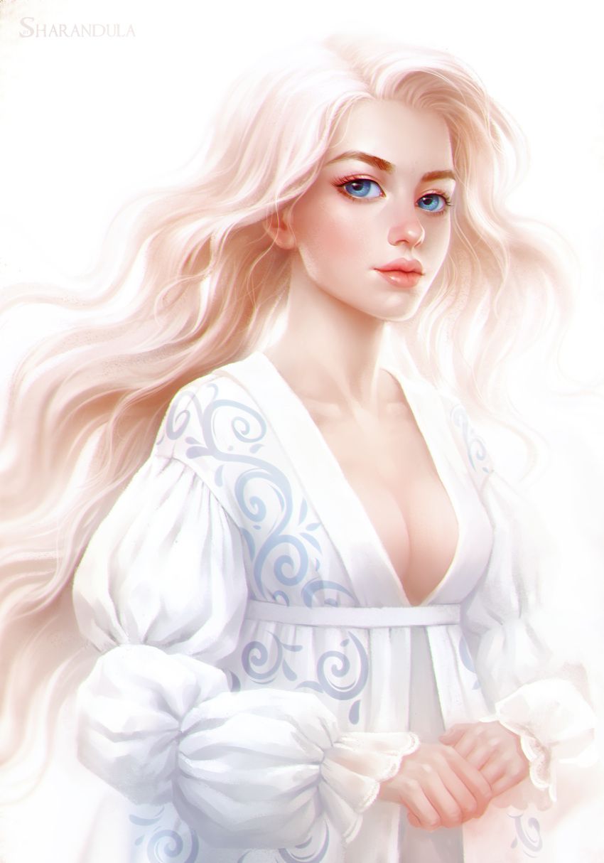1girl artist_name bangs breasts cleavage dress elena_berezina eyebrows eyelashes hands_together highres light_smile lips long_sleeves looking_at_viewer medium_breasts nose original parted_bangs realistic solo standing upper_body white white_background white_dress white_hair