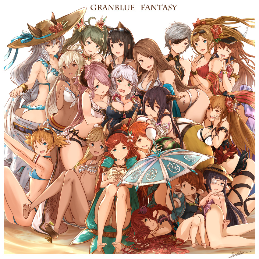 6+girls ;d ahoge animal_ears anna_(granblue_fantasy) antenna_hair arched_back ass bad_proportions bandaged_arm bangs bare_shoulders barefoot between_breasts bikini black_hair blonde_hair blue_eyes blunt_bangs blush braid breasts brown_eyes brown_hair cape catalina_(granblue_fantasy) closed_eyes danua dark_skin de_la_fille demon_horns doraf earrings erun_(granblue_fantasy) eyepatch flat_chest flower food fruit goggles goggles_on_head granblue_fantasy hair_between_eyes hair_flower hair_ornament hair_over_one_eye hairband hands_on_own_knees harbin hat heles hibiscus highres horns io_euclase jessica_(granblue_fantasy) jewelry kumuyu large_breasts lavender_hair leaning_forward lecia_(granblue_fantasy) light_smile long_hair looking_at_another looking_at_viewer low_twintails lunaru_(granblue_fantasy) lying mary_(granblue_fantasy) medical_eyepatch medium_breasts multiple_girls narumeia_(granblue_fantasy) navel on_side one_eye_closed open_mouth orange_eyes orange_hair pengie pointy_ears ponytail purple_hair red_bikini red_eyes redhead round_teeth sandals sara_(granblue_fantasy) sarong short_hair short_sleeves short_twintails sideboob signature simple_background small_breasts smile souffleramahr straw_hat sunglasses sunglasses_on_head swimsuit tanya_(granblue_fantasy) teeth the_order_grande twintails umbrella under_boob very_long_hair vira watermelon white_hair yatsuka_(846) zeta_(granblue_fantasy)