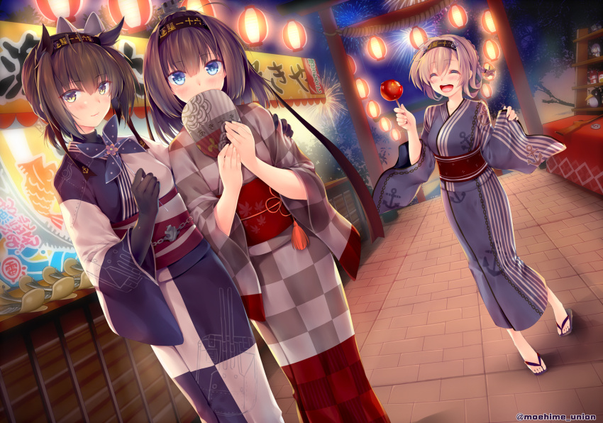 3girls :d ^_^ ^o^ akizuki_(kantai_collection) alternate_costume anchor_symbol artist_name bangs black_gloves blue_eyes blunt_bangs blush brick_floor candy_apple chain checkered checkered_kimono closed_eyes closed_mouth clothes_writing covering_mouth dutch_angle elbow_gloves eyebrows eyebrows_visible_through_hair failure_penguin fan festival fireworks fish food full_body gloves grey_hat gun hair_flaps hair_ornament hairband hand_on_another's_shoulder hat hatsuzuki_(kantai_collection) highres holding holding_food japanese_clothes kantai_collection kimono lantern light long_hair long_sleeves mini_hat multiple_girls night night_sky no_legwear no_socks obiwan open_mouth paper_fan plant propeller_hair_ornament round_teeth sandals sash shelf sky smile sweets table tablecloth tassel teeth teruzuki_(kantai_collection) torii tree twitter_username uchiwa weapon wide_sleeves windmill yellow_eyes yukata